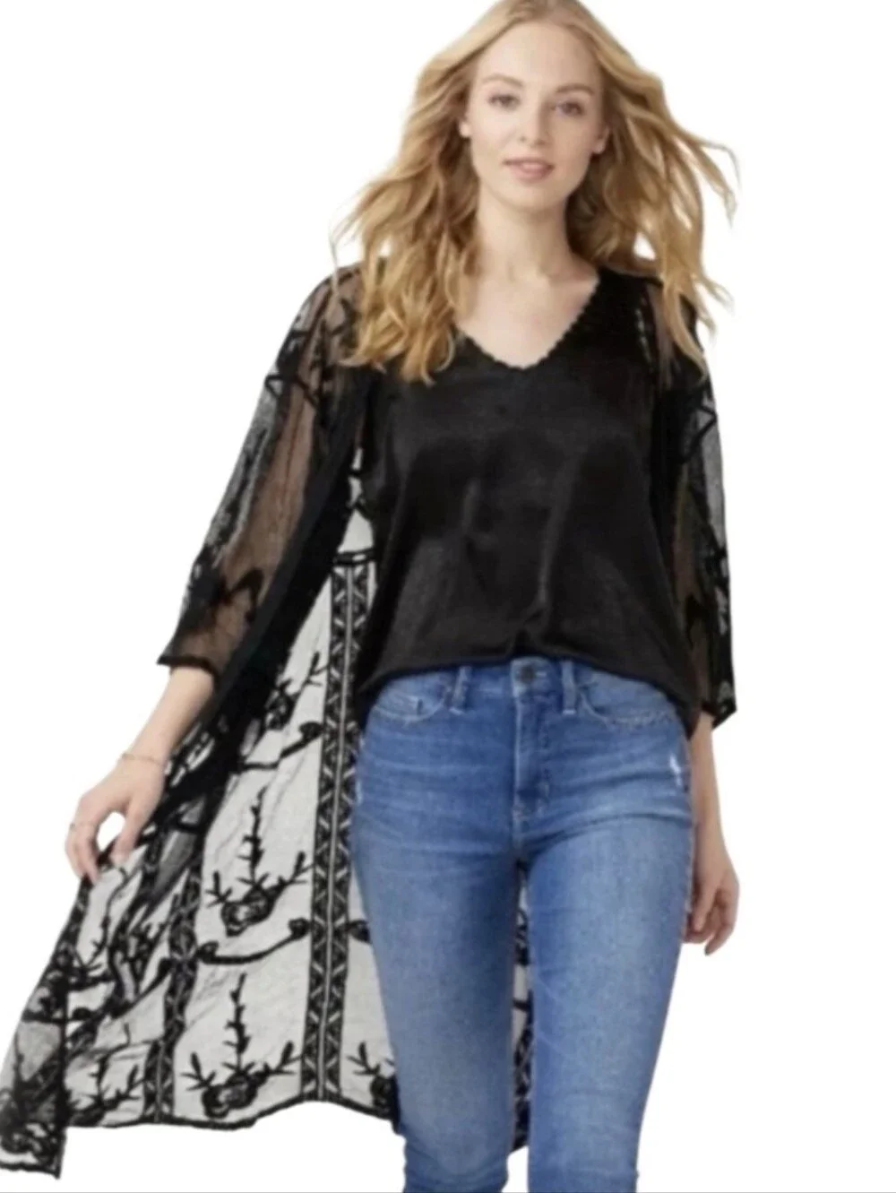 LC Lauren Conrad Black  Lace  embroidered Sheer Kimono Duster Cover-Up